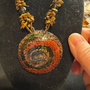 Vintage Art Glass and Tigers Eye Multicolor Swirl Pendant Necklace